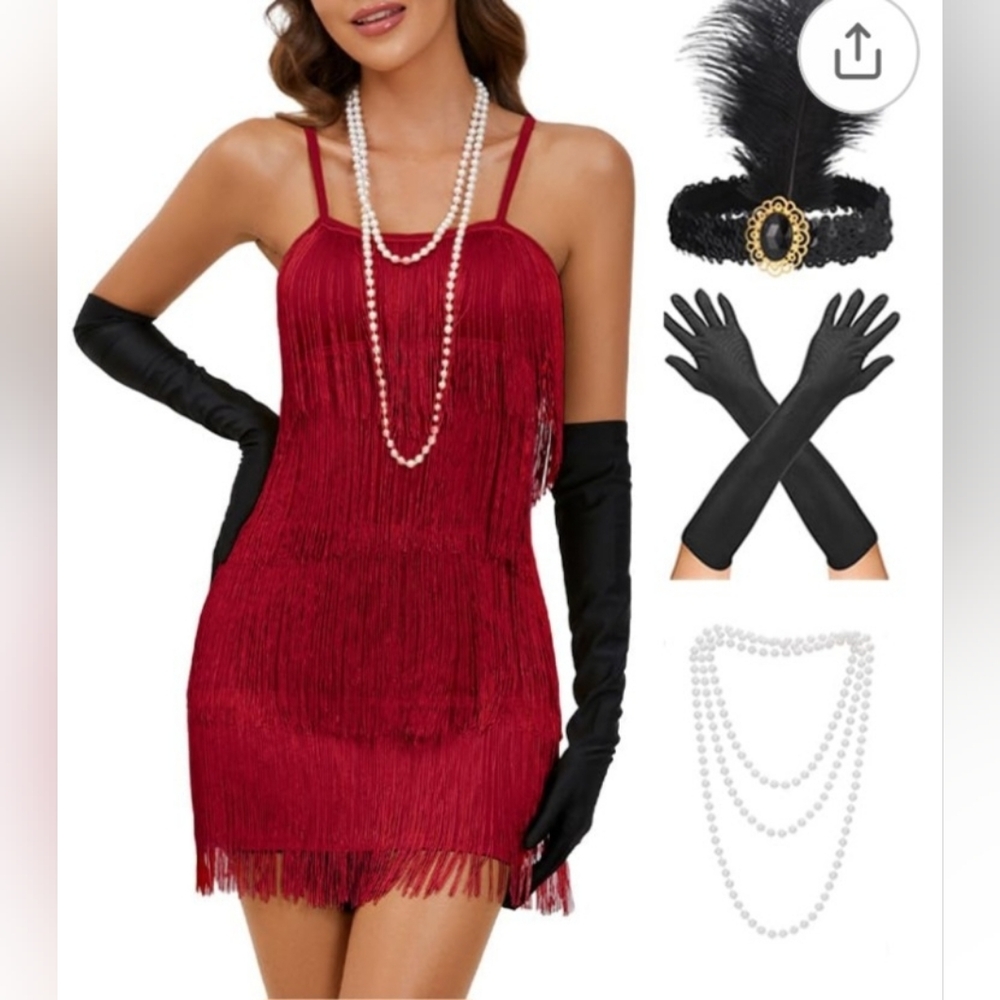 Halloween Flapper Dress 1920s, Sz S, Red With Accessories